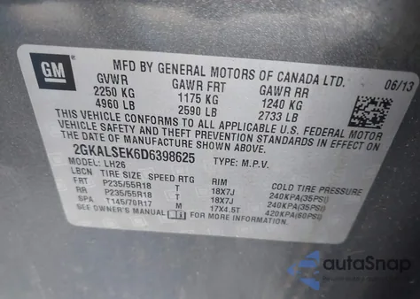 2013 GMC Terrain Sle-2 из США, поврежденный, VIN 2GKALSEK6D6398625